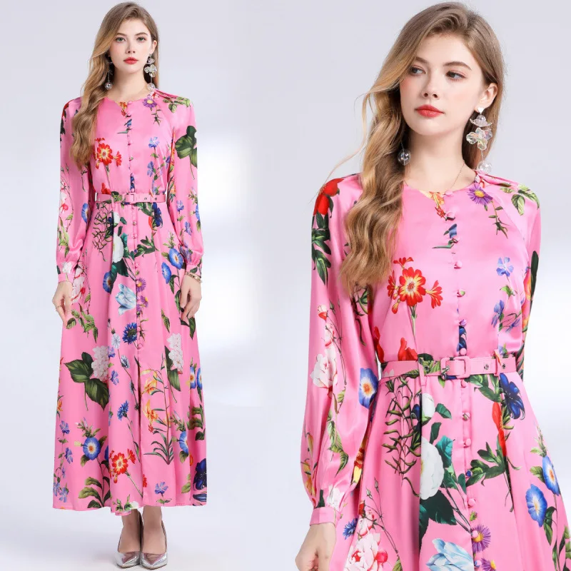 Retro Lantern Sve Print Dr Long Sve round Ne Maxi Skirt High Waist A-Line Summer Street Sle Couple's Dr