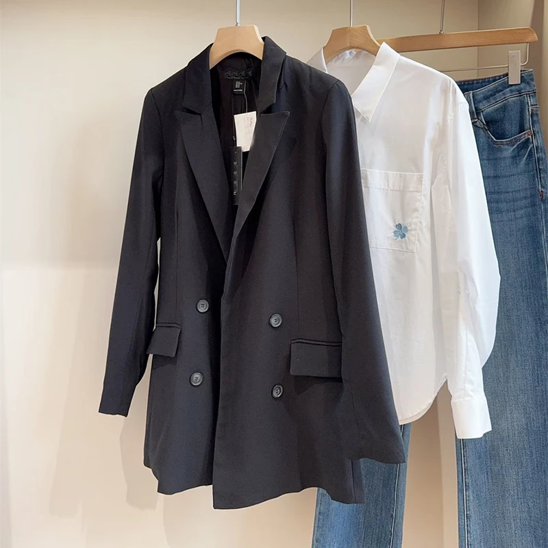 

Ele Casual Mid-Length Double-Breasted Suit Jaet for Women Spring Commute Loose Fit Sle Wimigirls Pure Color
