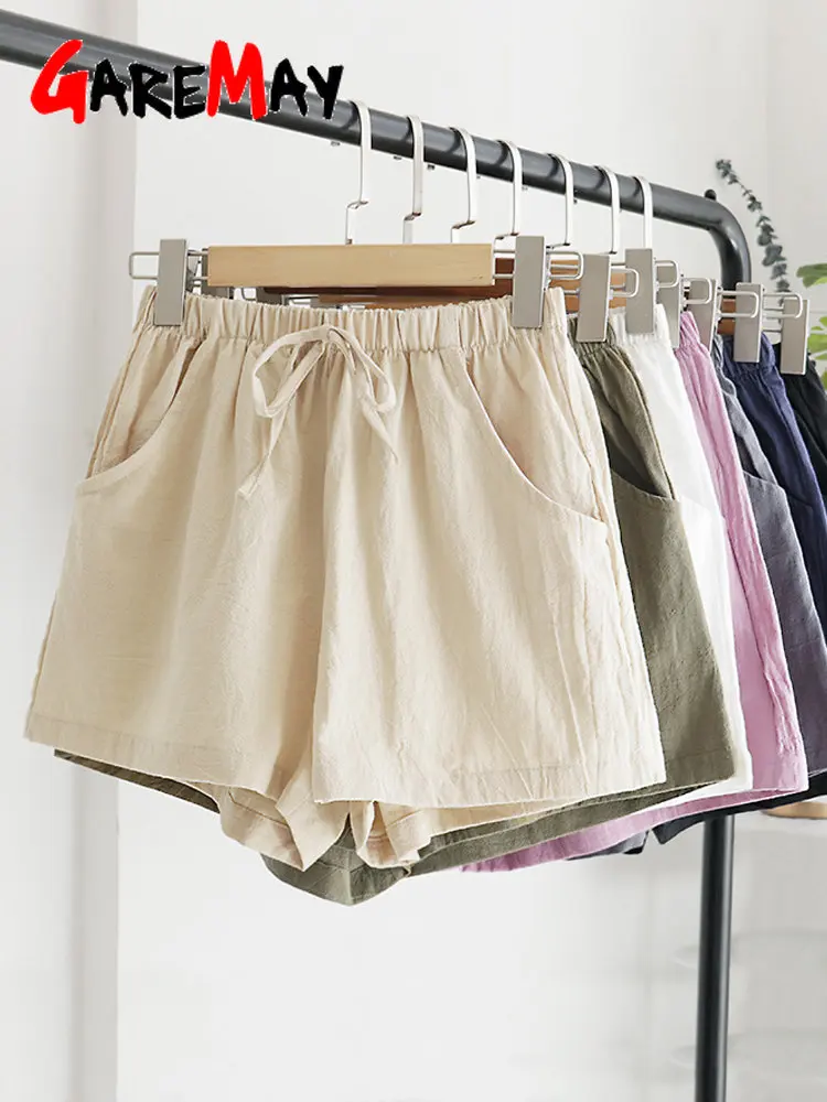 2024 New Hot Summer Casual Cotton Linen Shorts Women Home High Waist Shorts Fashion Short Pants Streetwear Women's Shorts Beige