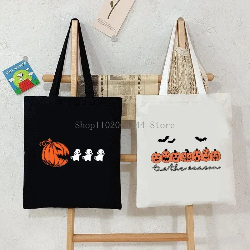 Borse stampate con fantasma di zucca di Halloween Borsa tote in tela con grafica divertente di zucca da donna Borsa a tracolla per lo shopping di