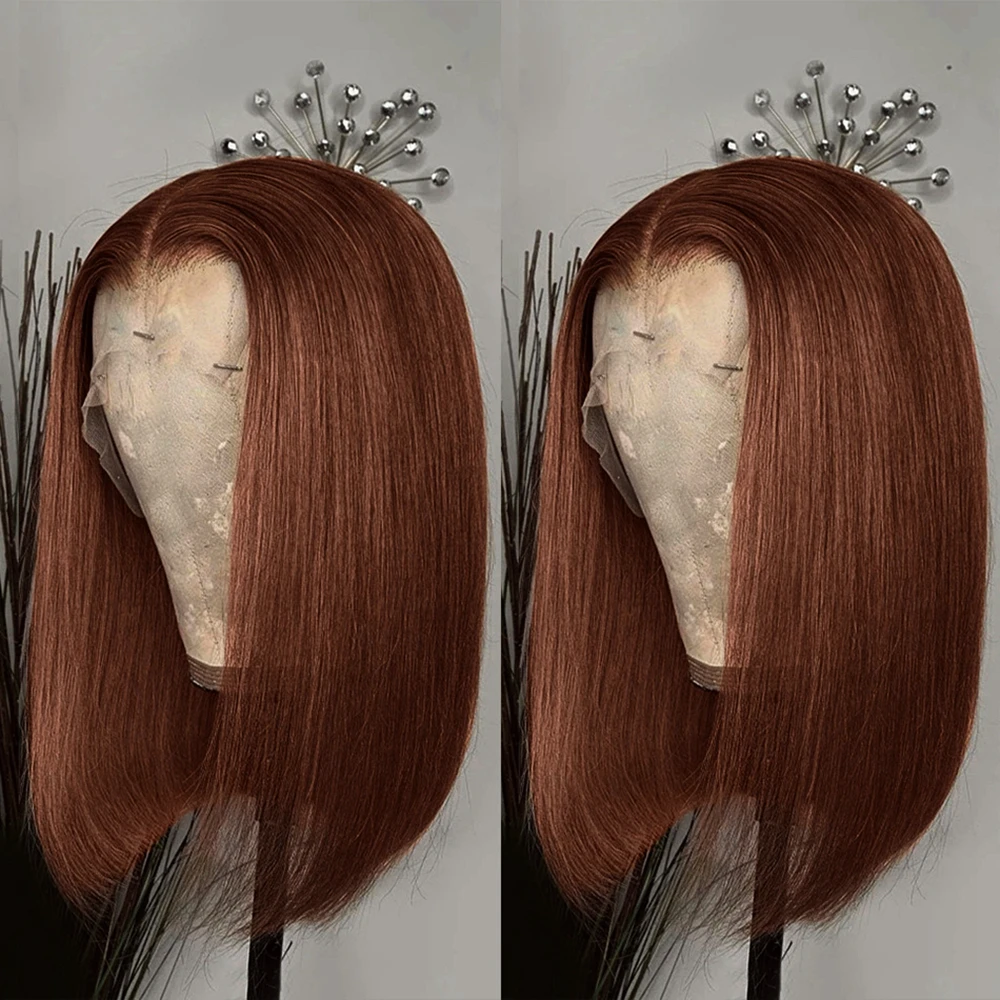 

13x4 Шоколадно-коричневые парики из натуральных волос на кружеве, предварительно выщипанные цветные короткие парики боб, прямой парик на шнуровке, 100% человеческие волосы