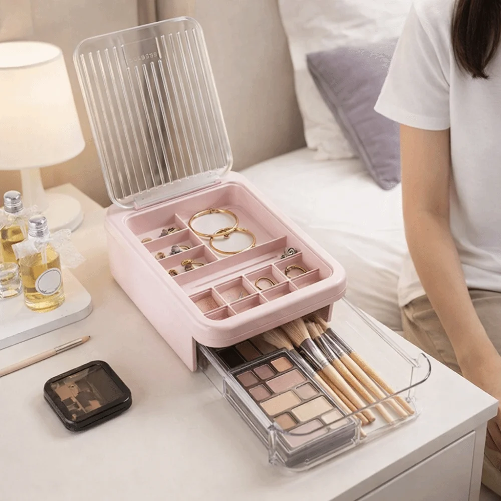 

Пластиковый органайзер для украшений с выдвижными ящиками и откидной крышкой, большой емкости, пылезащитный, для хранения браслетов, для спальни