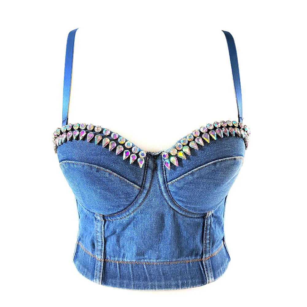 Sexy Goth Blue Denim Bras Top with Drop-shaped Rhinestones for Women AB Color Crystal Blue Jeans Push Up Bra Crop Top Corset