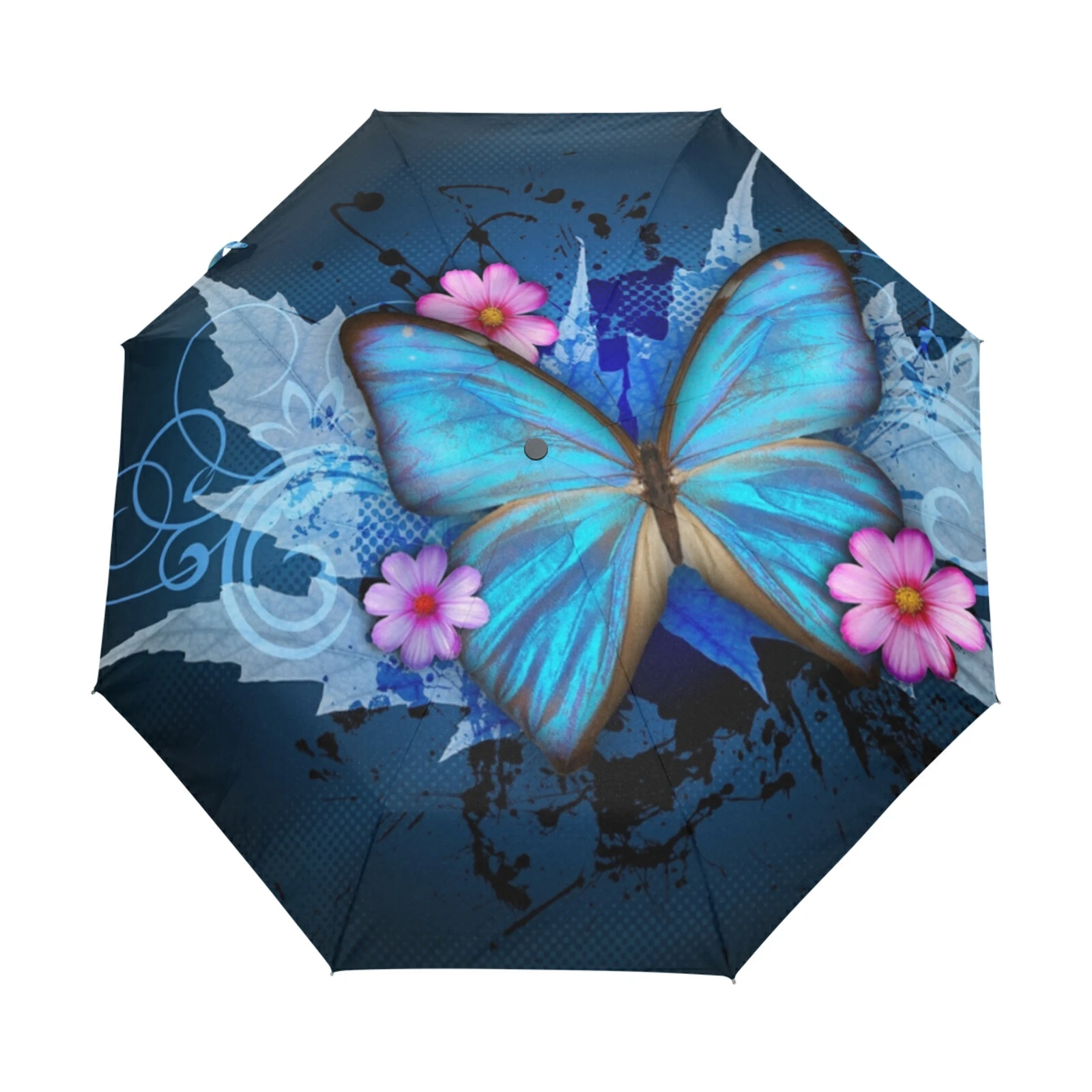 Butterfly Over Flowers Print Women's Rain Umbrella Parasol Portable Three Folding Automatic Umbrella Against The Sun Paraguas