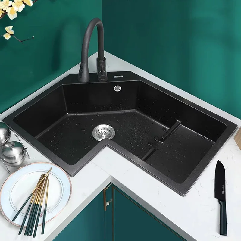 Creative Corner Kitchen Sinks Modern Home Kitchen Accessories Dish Drainer Sink Special-shaped Washbasin Black Large Single Sink