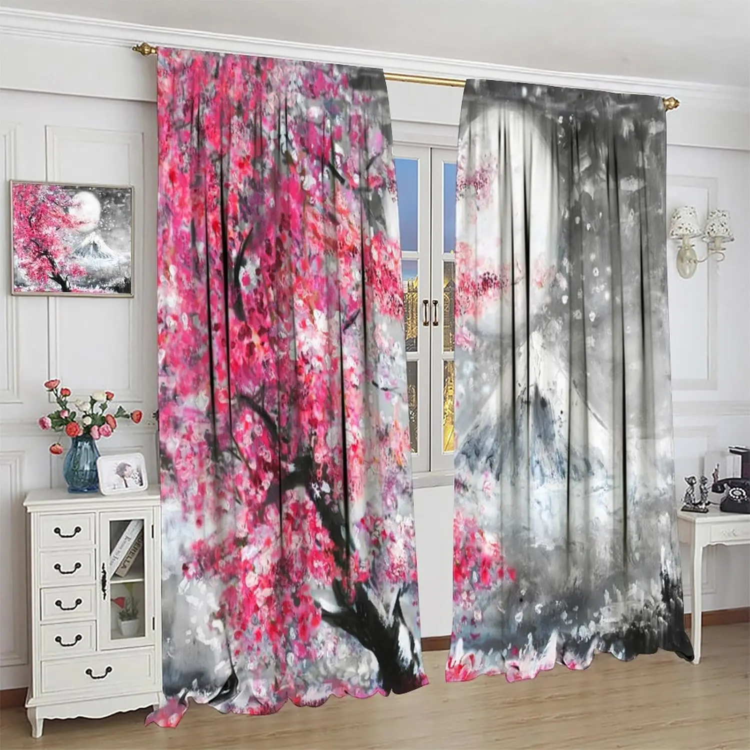 Cherry Blossom Curtain Oil Painting Mount Fuji Full Moon Japanese Pink Flower Mountain Landscape Thermal Insulated Room