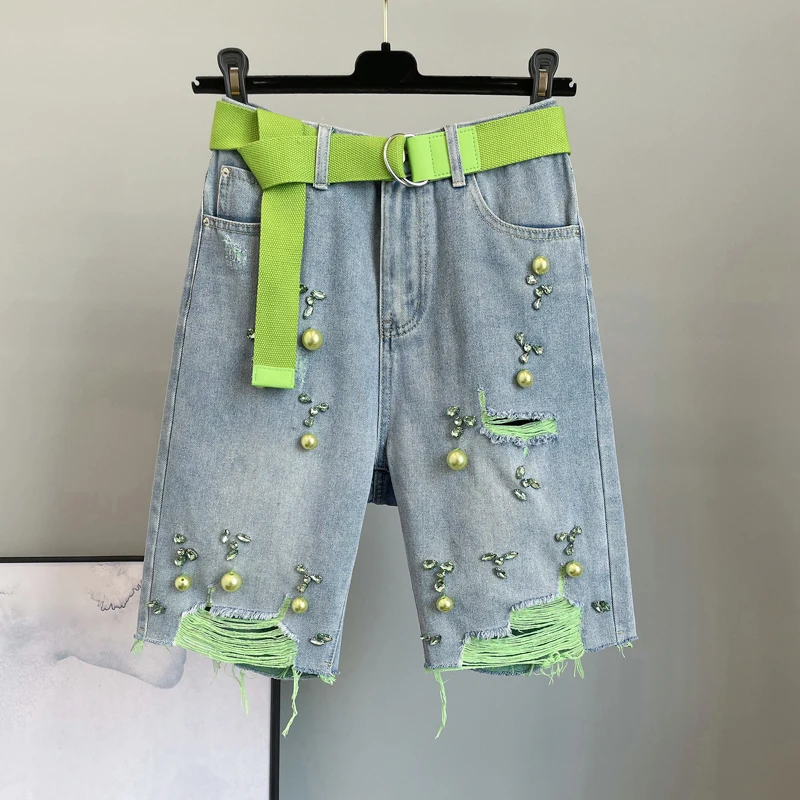 2024 Summer New Women's Diamond Pierced Hole Denim Shorts Loose High Waisted Studded Knee Length Pants Female Shorts