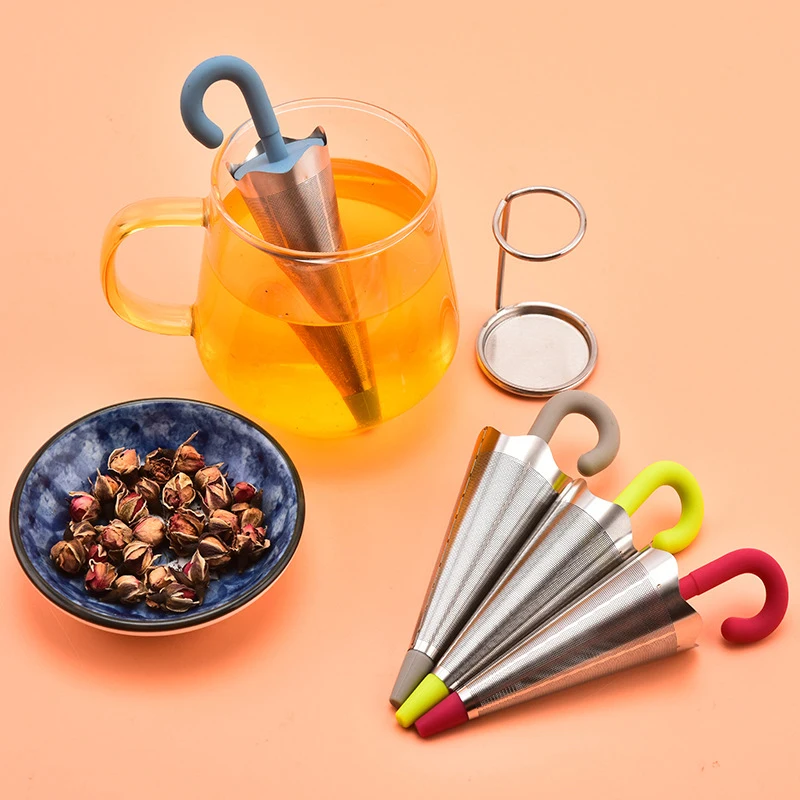 Cute Umbrella Shape Tea Infuser Silicone Stainless Steel Herbal Spice Strainer Filter Mesh Tea Maker Teapot Tool Teaweare