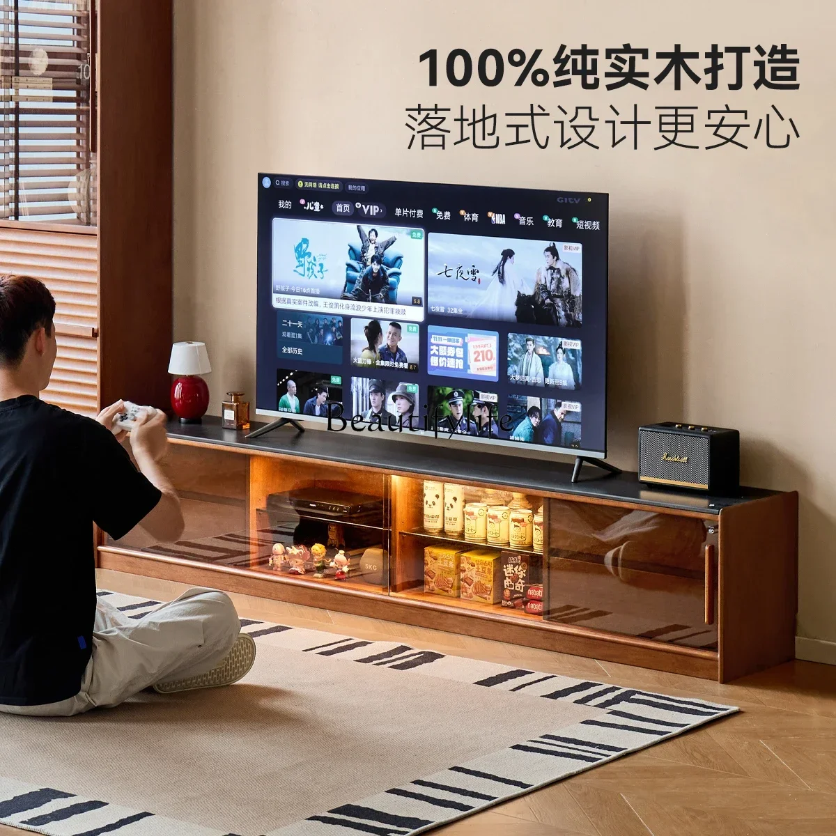 

01 yj19 Solid Wood TV Cabinet Storage Cabinet Integrated Medieval Style Home