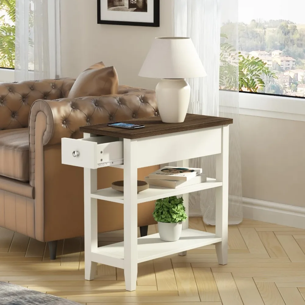 

Side Table Living Room, Narrow End Table with Drawer and Shelf, 3-Tier Sofa End Table for Small Space, White and Brown