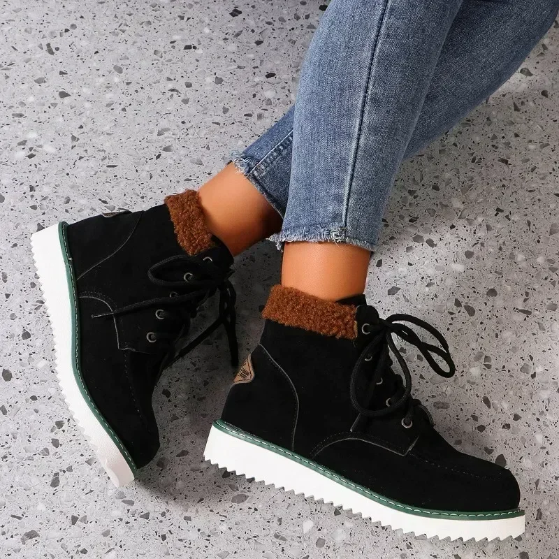 2024 Hot Sale Shoes Female Lace Up Women's Boots Winter Round Toe Solid Flock Warm Platform Water Proof Short Barrel Boots