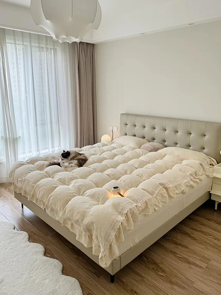 Leather bed retro waffle bed minimalist antique master bedroom solid wood soft modern simple light luxury