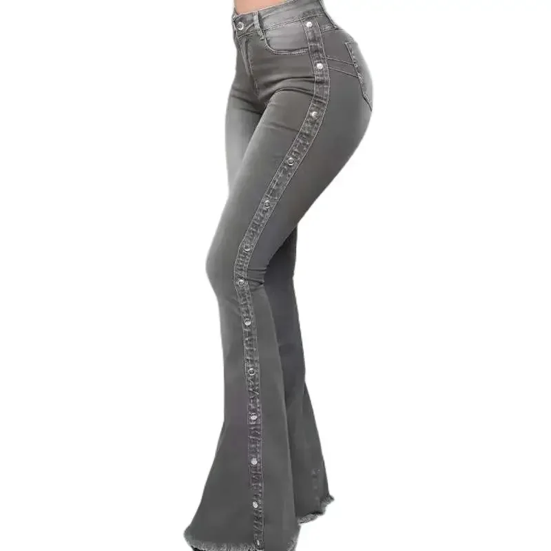 Mode Kant Studs Gesp Decoratie Uitlopende Jeans Vrouwen Wijde Pijpen Broek Hoge Taille Denim Broek Dagelijks Casual Chique Streetwear