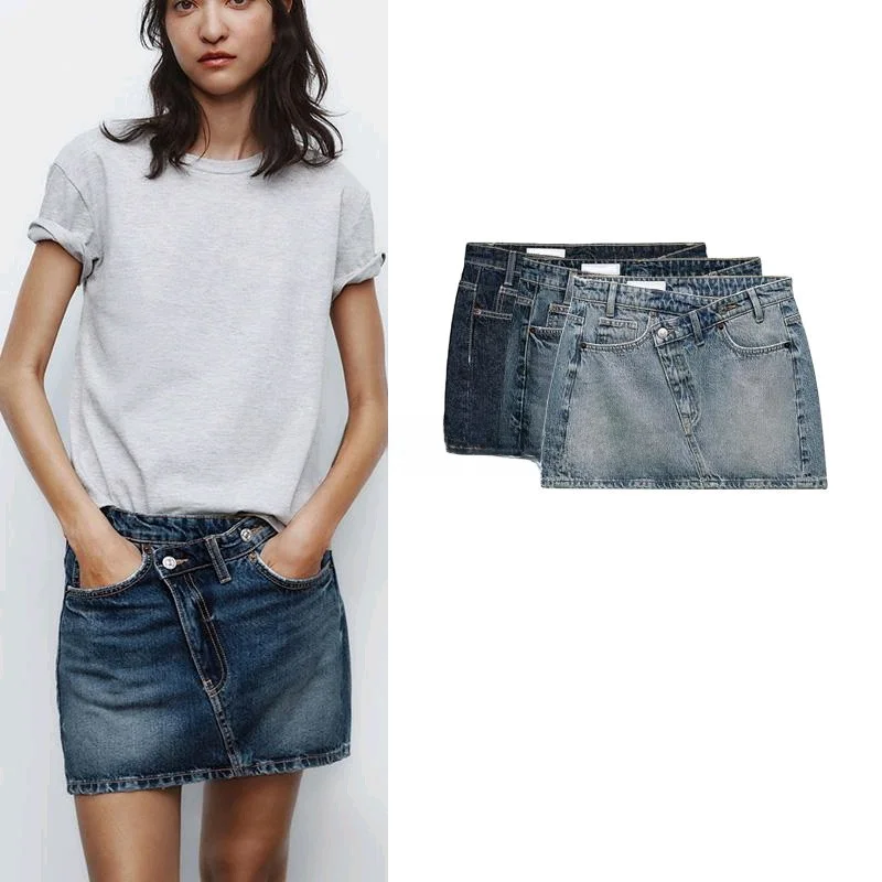 Spring New Arrival Women's Casual Denim  Skirt mid Waist A-Line ort Skirt Vintage Sle Pure Color Polyester Fiber