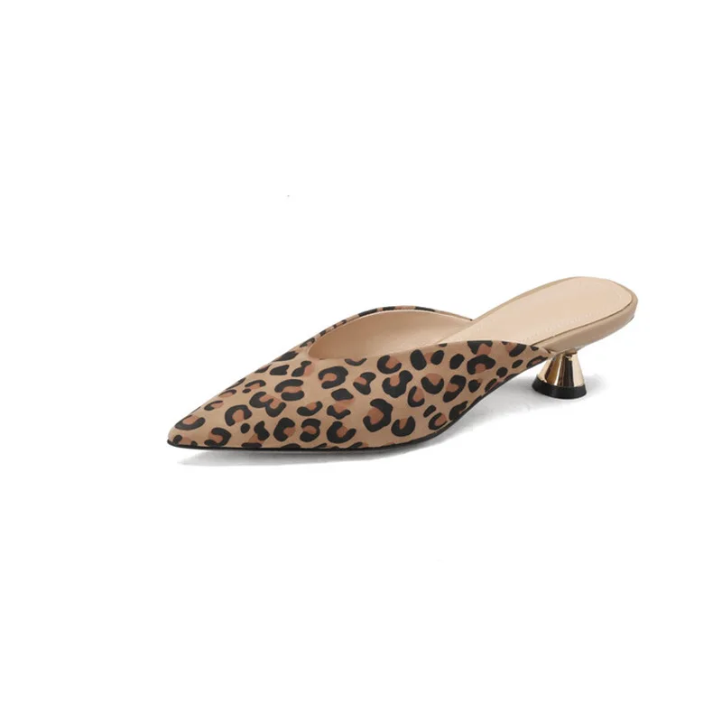 2023 New Pointy Thin Heel Baotou Mid-heel Half Slipper Female Leopard Print All-match Sandals