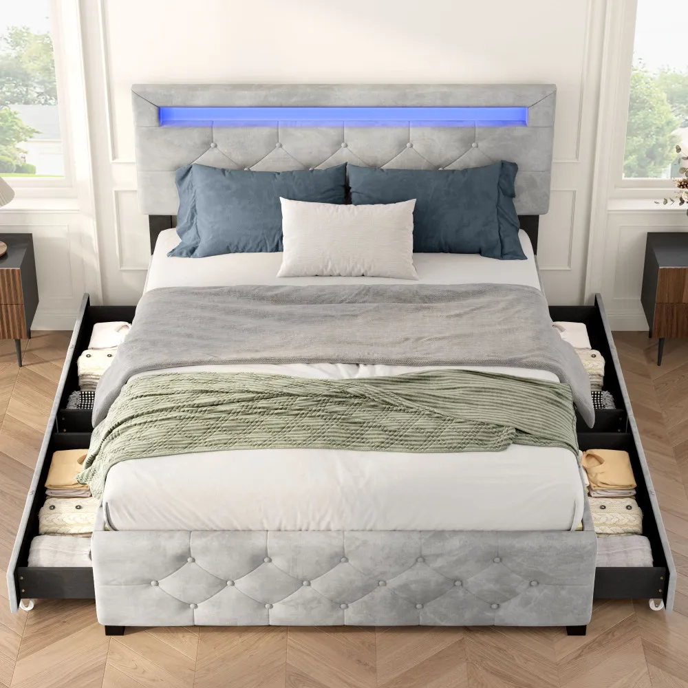 

Full Size Upholstered Platform Storage Bed Frame with 4 Drawers and LED Light,No Box Spring Needed