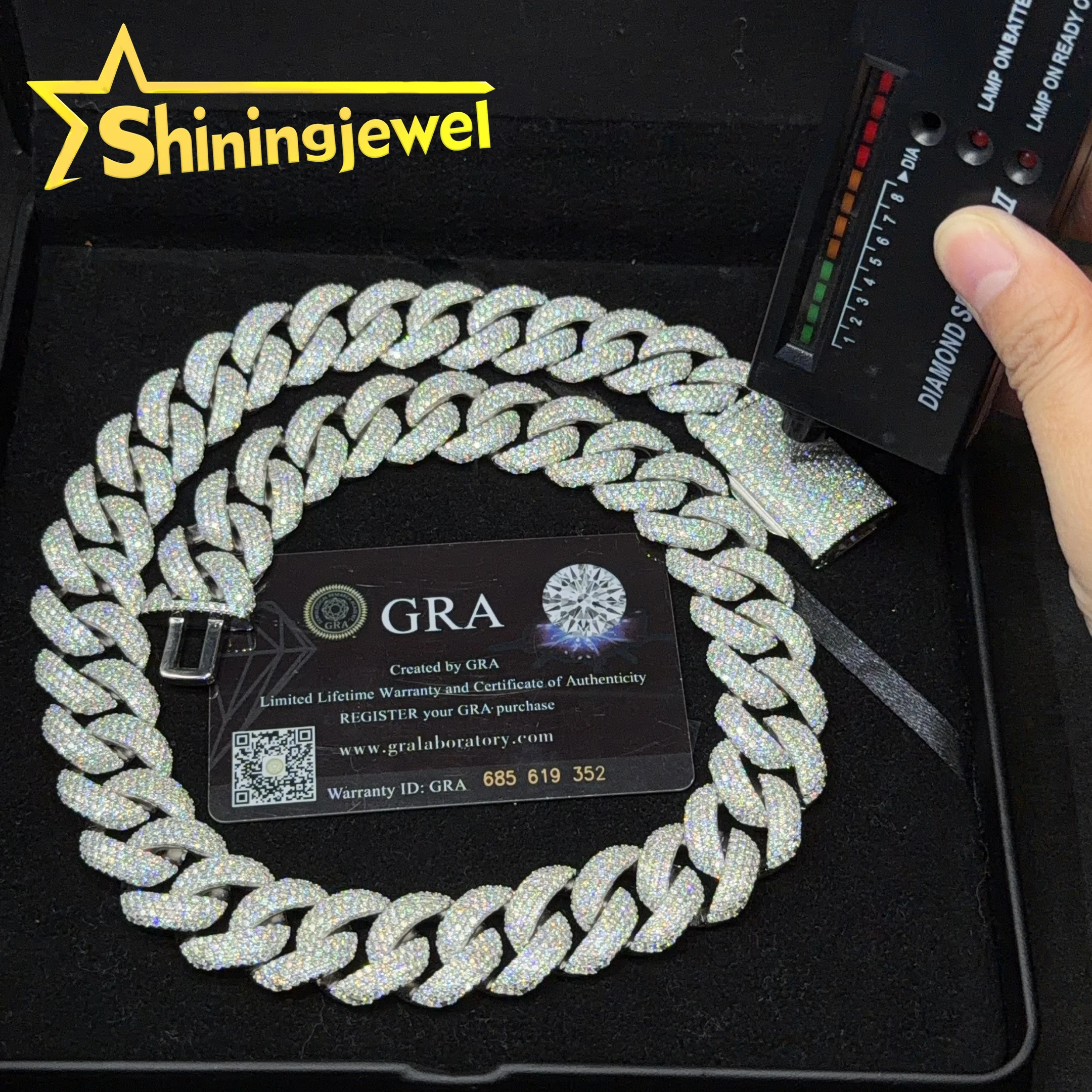 Hot Sale 20mm 4 Rows 925 Silver Iced Out Diamond Cuban Link Chain Moissanite Hip Hop Jewelry Cuban Chain Moissanite Pass Tester.