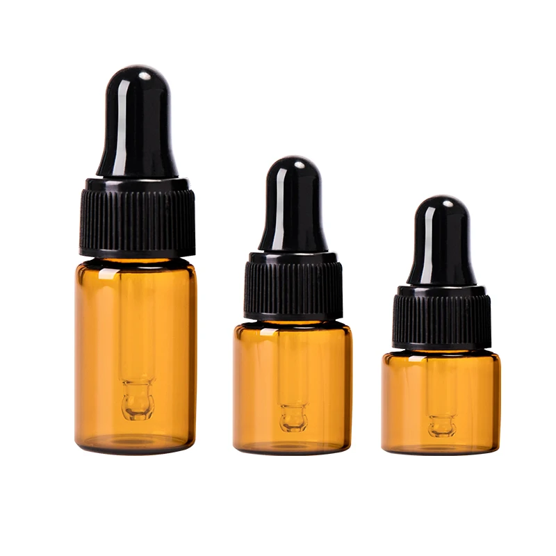 1ml 2ml 3ml 5ml X100 Amber Glass Mini Essential Oil Dropping Bottle Empty Vial With Dropper Black Caps Perfume Can For Traveling