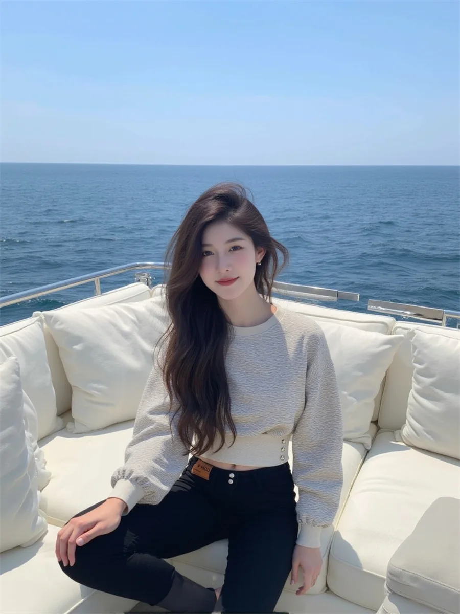 

Серые толстовки без капюшона, женские с длинным рукавом и цветочным принтом, милые, женские, стильные, весенне-осенние, модные, повседневные, свободные, мягкие