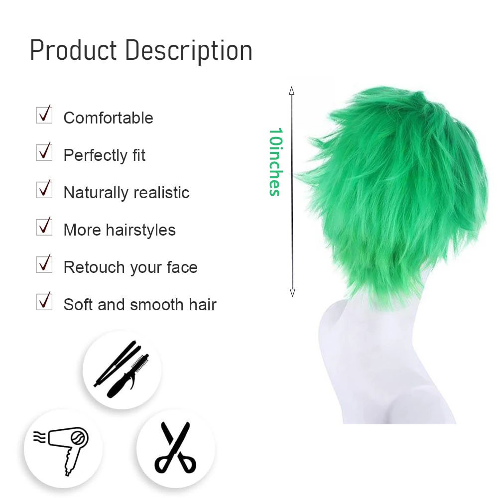 Anime Roronoa Zoro Cosplay Synthetic Hair 10-Inch Green Slichie Halloween Daily Party Role-Playing Wig Natural Heat Resistant