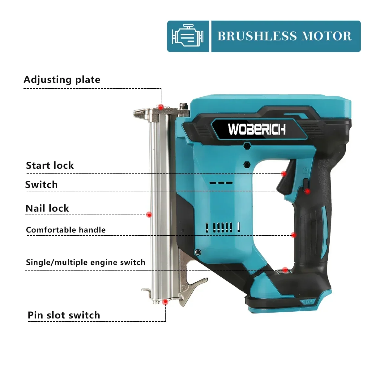 Brushless 1022J Cordless Electric Concrete Nail Gun Stapler Nailer Woodworking +2 Set Nails For Makita/WOBERICH Battery