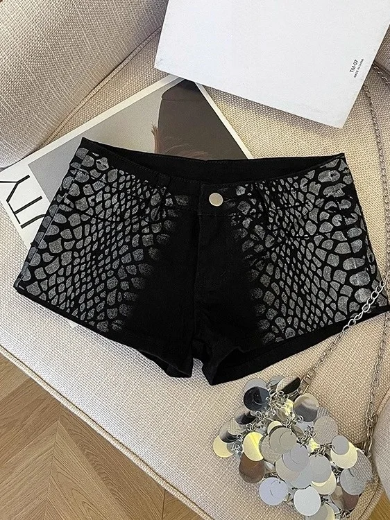 

Джинсовые шорты с низкой посадкой и змеиным принтом, женские летние облегающие шорты с эффектом подтяжки ягодиц, эластичные, А-силуэт, повседневные, на молнии