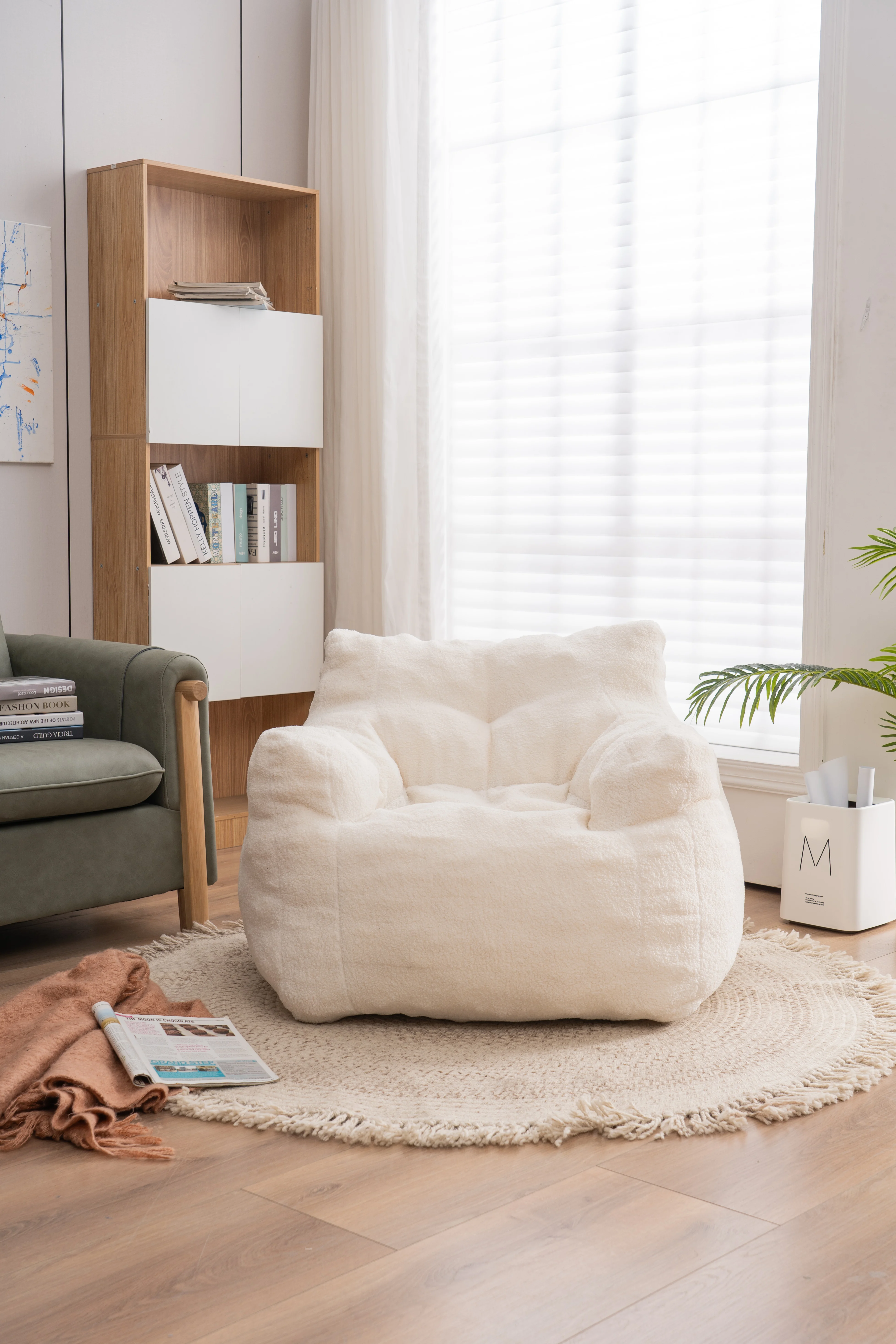 Tela de peluche suave copetudo Silla de bolsa de frijol de espuma con tela de peluche blanco marfil