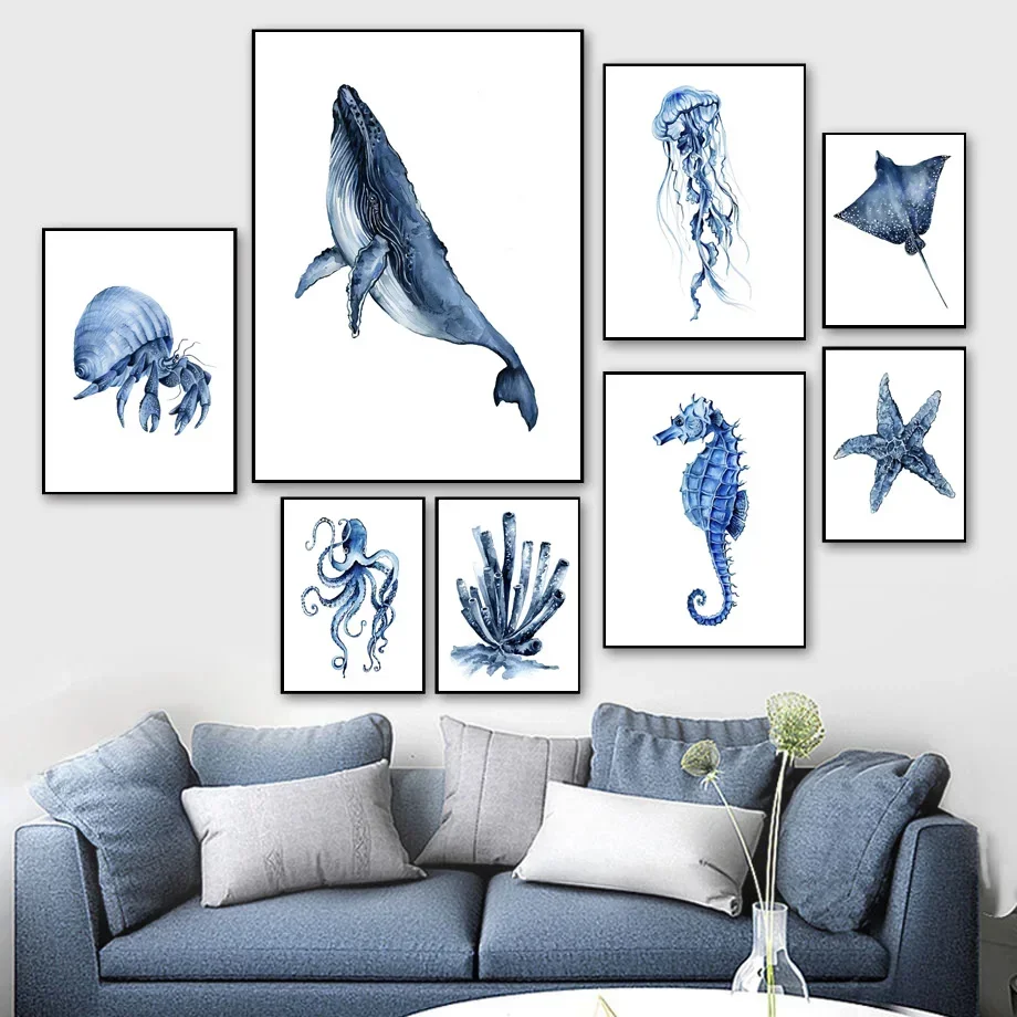 (2D Canvas painting) Whale Dolphin Crab Fish Octopus Seahorse Coral Ocean Posters And Prints Canvas Painting Wall Art Picture
