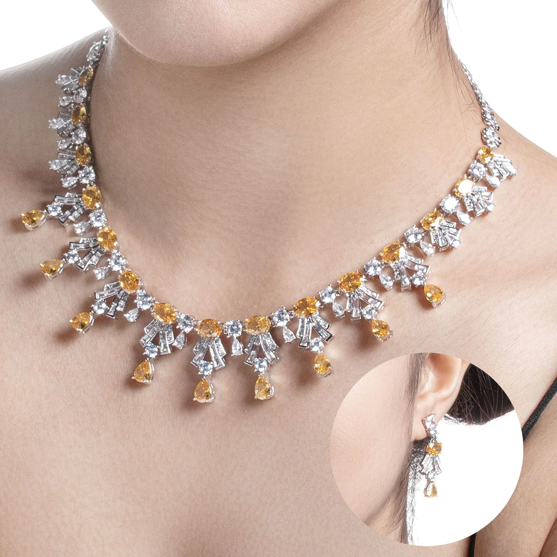 

Popular Heavy Duty Water Drop Zircon Necklace Earrings Set Premium Texture Summer Women Fashion Jewelry Accessories