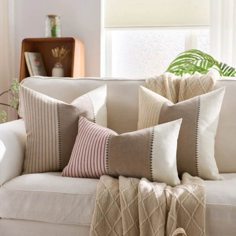 2PC Minimalist Linen Cotton Cushion Cover Reversible Stripes Patchwork Sofa Pillow Case Durable Home Decor for Living Room