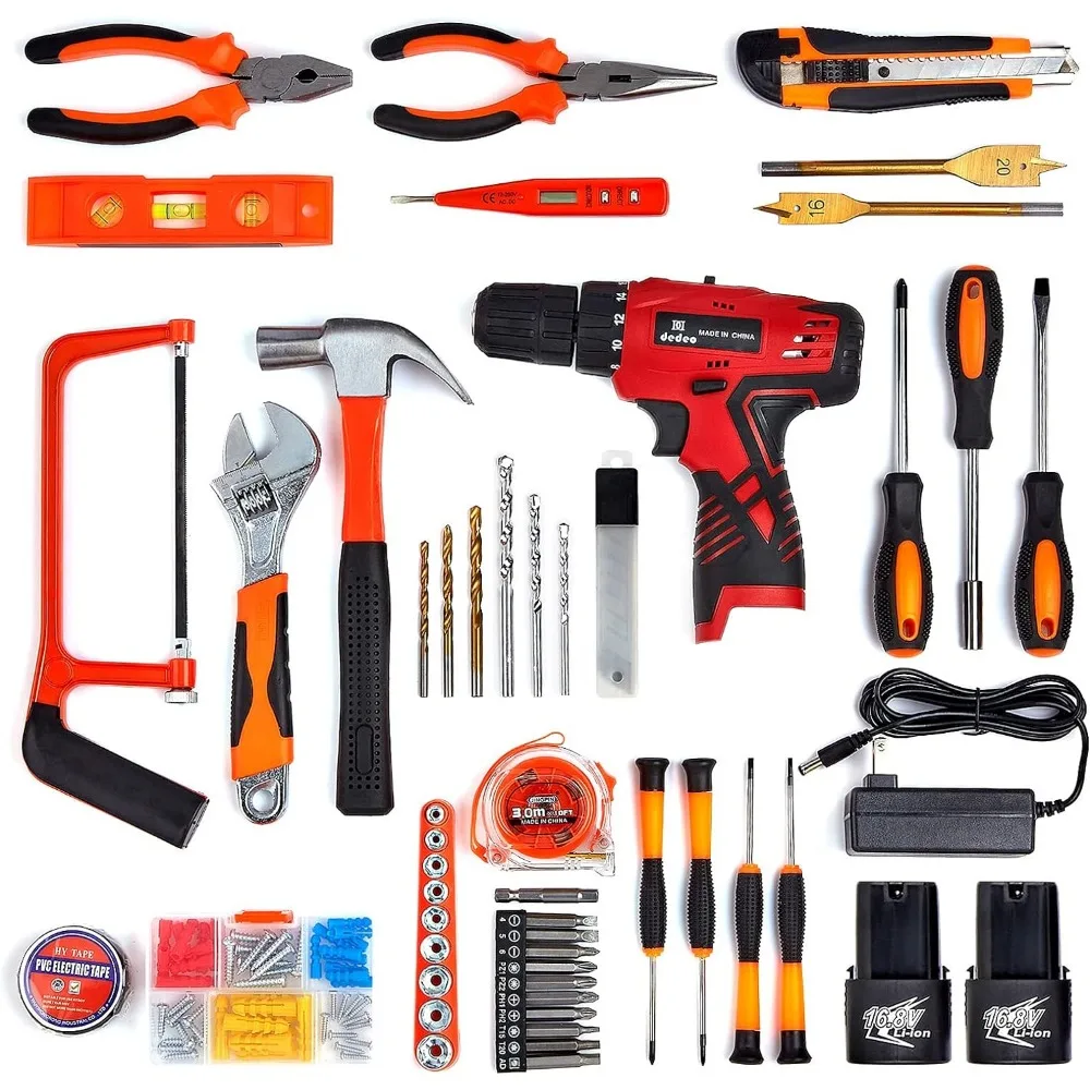 Tool Set with Drill, 108Pcs Cordless Drill Household Power Tools Set with 16.8V Lithium Driver Claw Hammer Wrenches Pliers