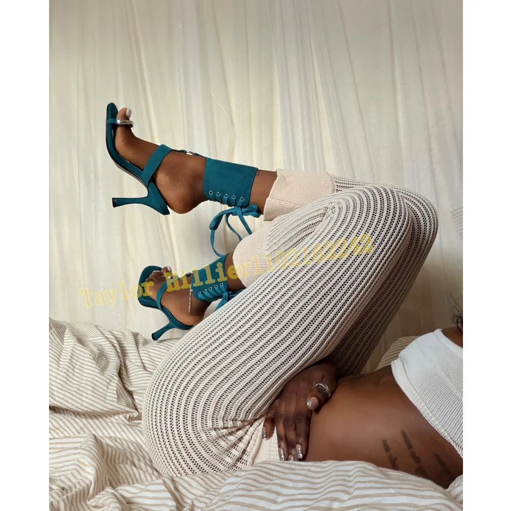 Women Teal Toe Ring Sandals Sculpted Heels Lace Up Ankle Cuff Suede Look Metal Ring Details Open Toe Evening Party Dress Shoes