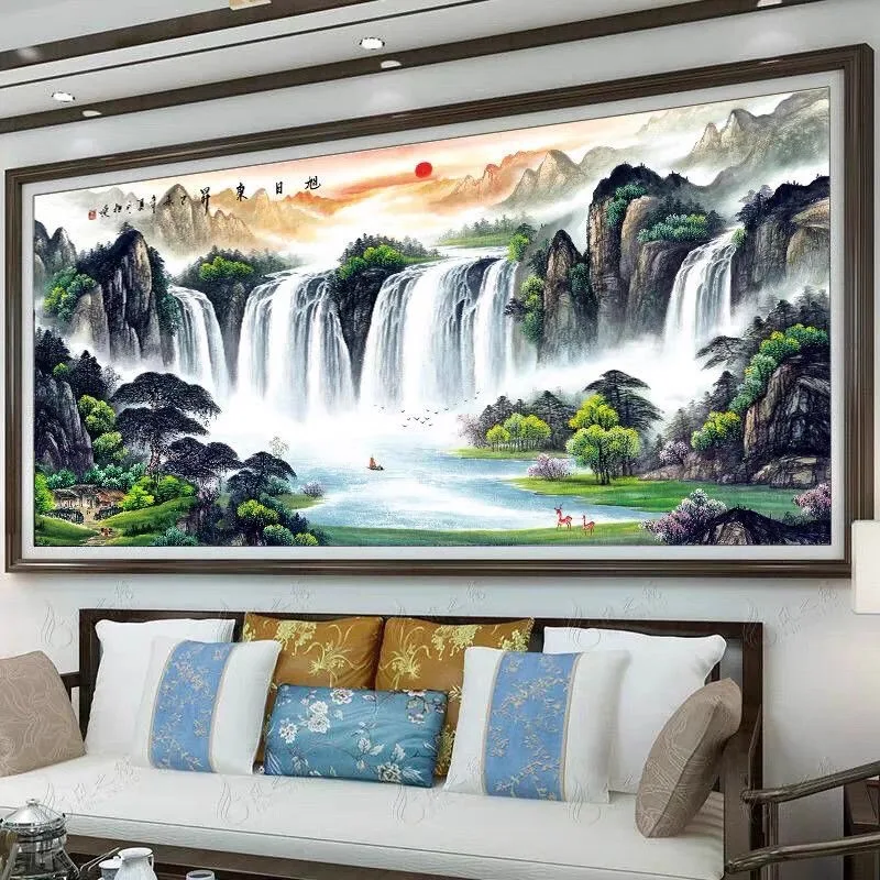 

Fengshui Cross Stitch Kit Sunset Waterfall Mountains Pattern Scenic Embroidery Set Needles Included for Creative Needlework Gift