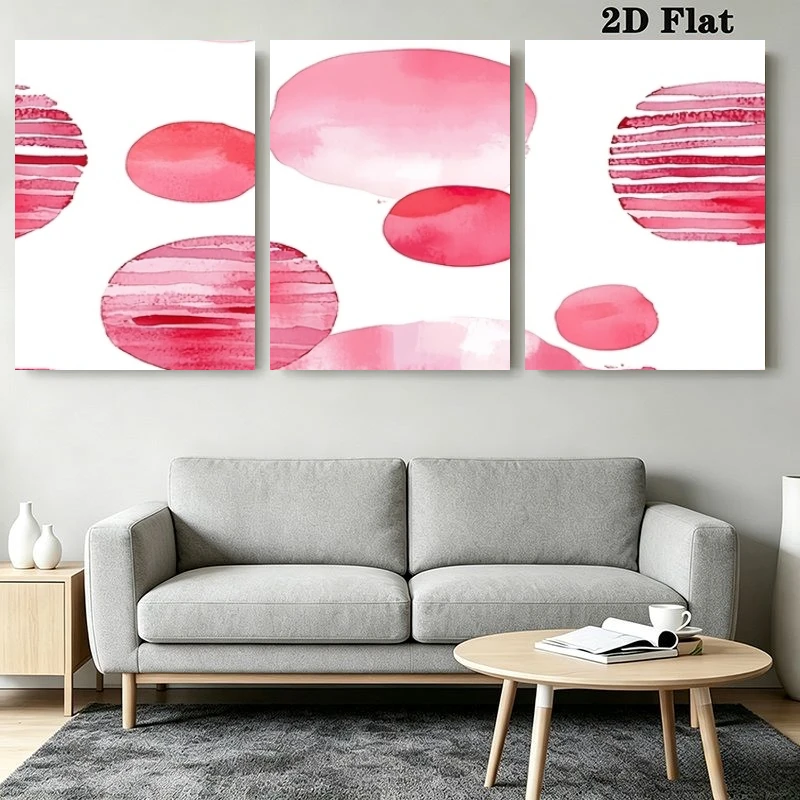 2D Flat, 2D Flat, 3pcs Abstract Pink Watercolor Splatter And Stripe Pattern Wall Art Prints, Frameless Poster Prints for Livi