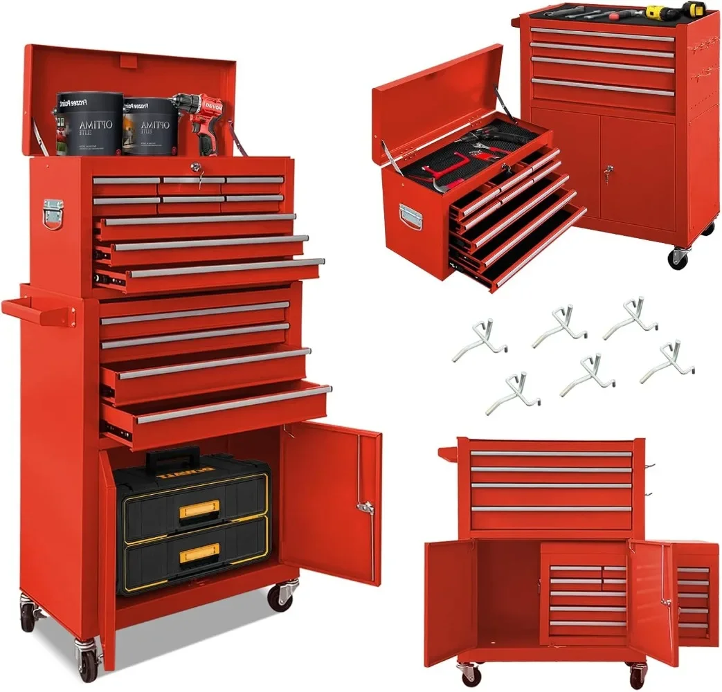 

13-Drawer Tool Chest with Double Door and Wheels, Large Detachable Tool Box with Sliding Drawers, Mechanic Toolbox Storage (RED)