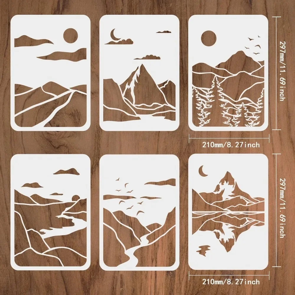 6 Pcs Mountains Landscape Stencil 11.7x8.3 inch Mountains Stencils Template Plastic Moon Sun River Tree Stencils Reusable