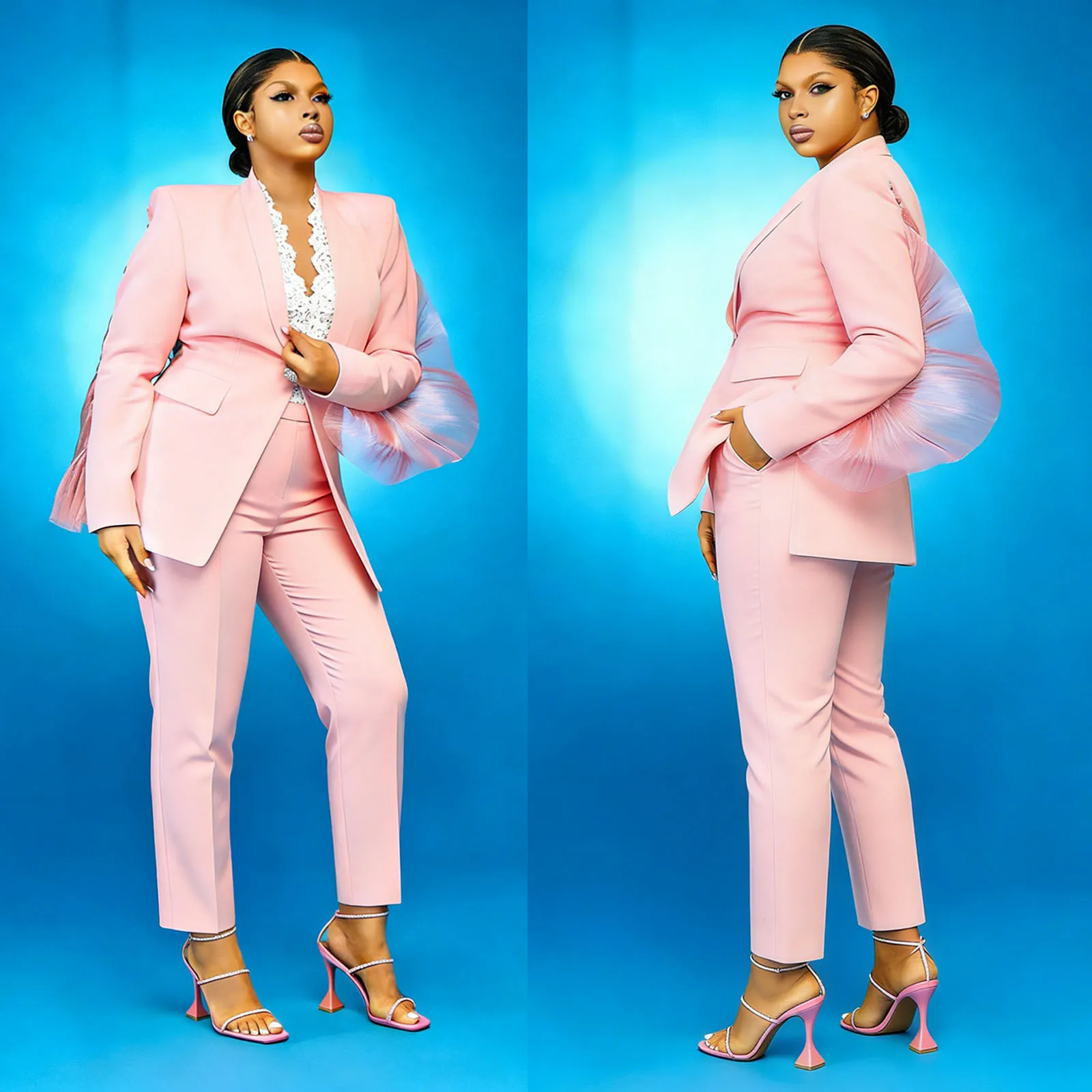 Tulle Decor Sleeves Women Blazer Suits Plus Size 2 Pieces Ladies One Button Jacket Customized Formal Wedding Guest Mother Suits