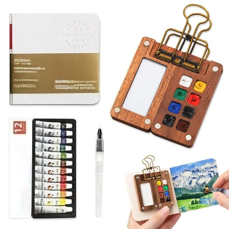 Mini Travel Watercolor Set Pocket Wooden Grid Palette Box Sketch Book Brush Pens with Binder Clips for Painters Artists Students
