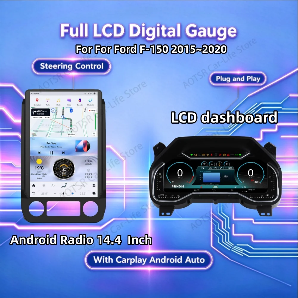 For For Ford F-150 2015~2020 Android Car Stereo 14.4 Inch Digital Cluster Instrument Panel Cockpit Multifunctional Speedometer
