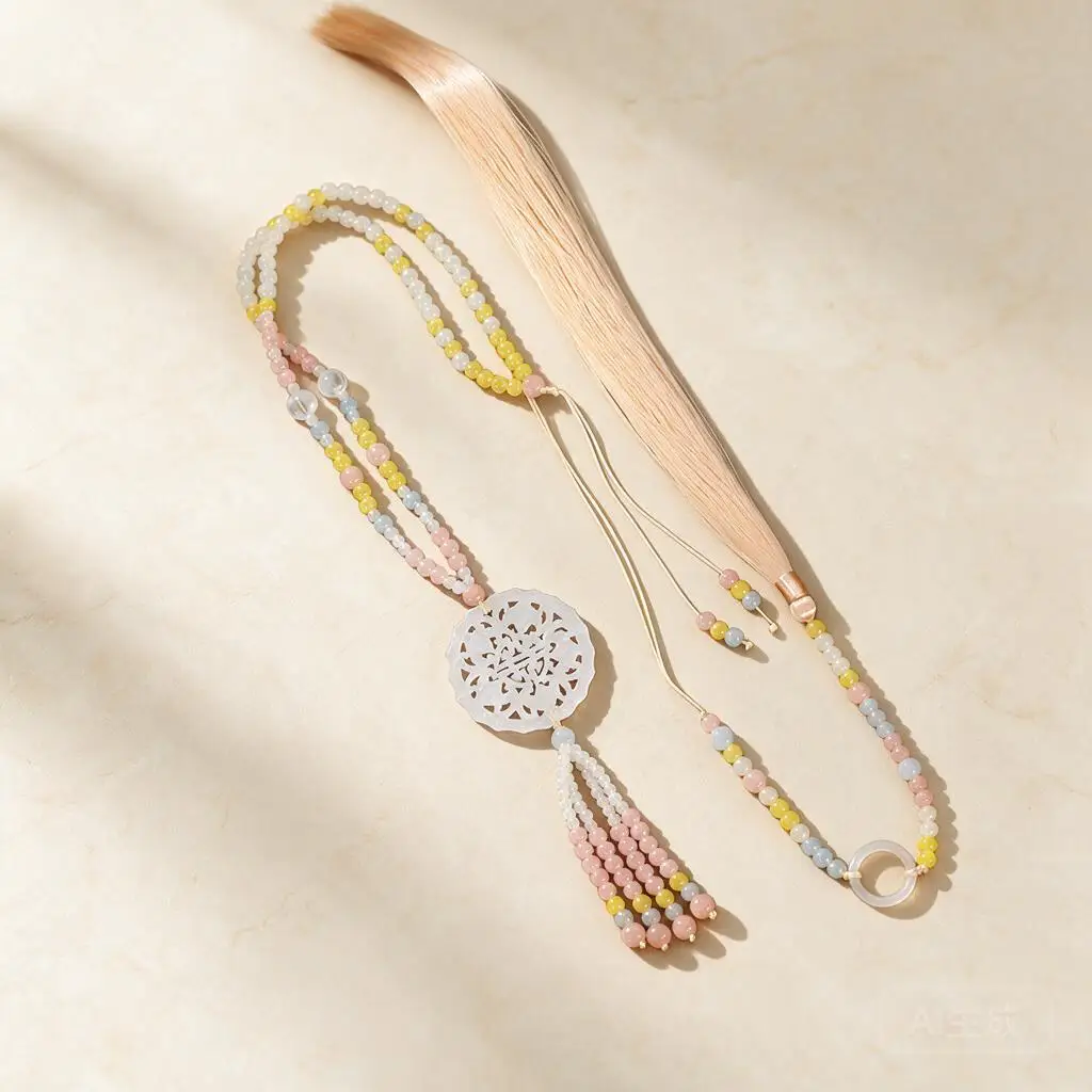 Chinese Traditional Ancient Style Beaded Tassel Long Back Carved Pendant Necklace For Hanfu Ma Mian Skirt Cosplay Themed Outfits