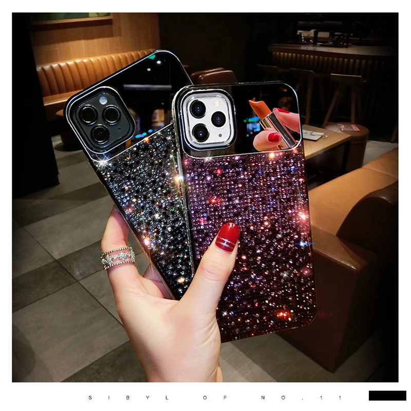 Mirror Makeup Gradient Diamond Case For iPhone 16 11 12 13 14 15 Pro Max XR XS 7 Plus Case Luxury Bling Glitter Rhinestone Cover