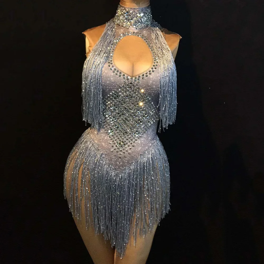 Sparkly Rhinestones Silver Tassel Women Bodysuits Sleeveless DJ Singer Dance Stage Wear Nightclub One Piece Performance Costume