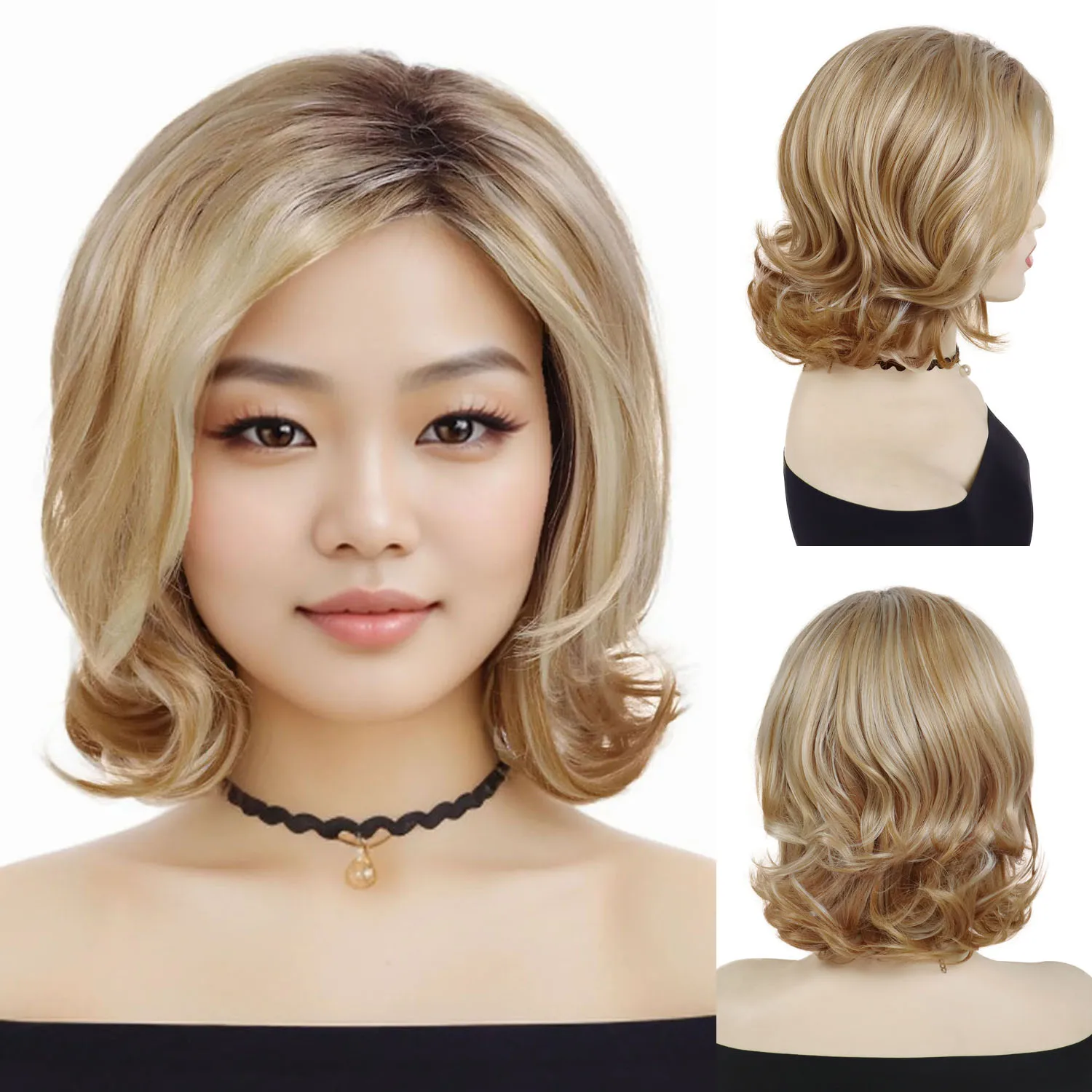 

Синтетические короткие вьющиеся парики для женщин, смешанный парик блондинки с челкой, натуральная прическа, сменный парик, волосы мамы, повседневная одежда, костюм