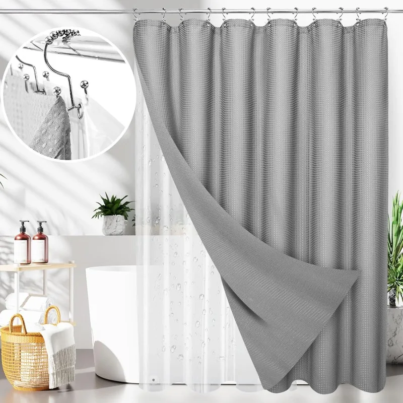 Waterproof Waffle Weave Shower Curtain and Clear Liner Set with 12 Stainless Steel Hooks Double Sided for Bathroom 72 Inches