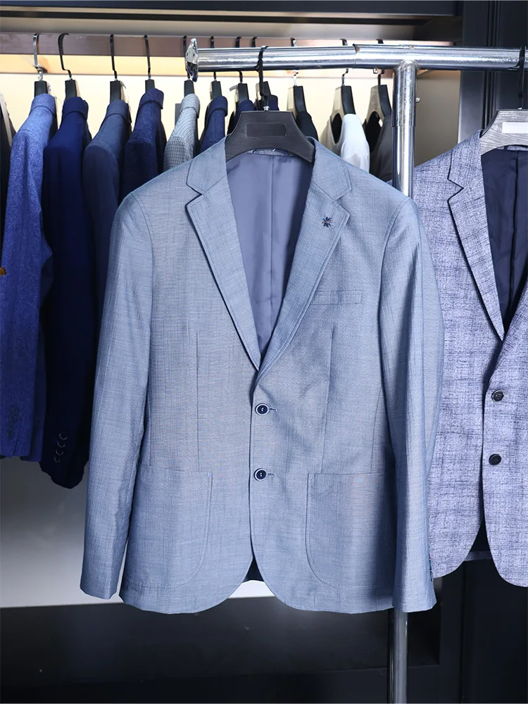 

Comfortable Business Casual Men's Suit Jacket Flat Collar Spring Autumn Hemp Blend Fashionable Urban Style Two Button Closure