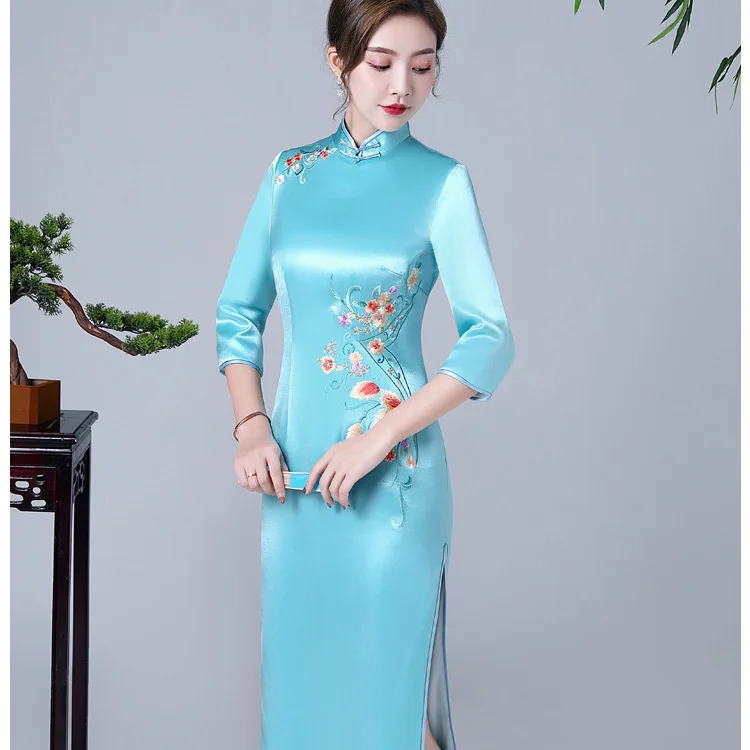 Yourqipao Satin Stand-up Collar Long Wedding Prom Gowns Chinese Cheongsam with 3/4 Sleeve For Women Mother Of The Bride Dresses