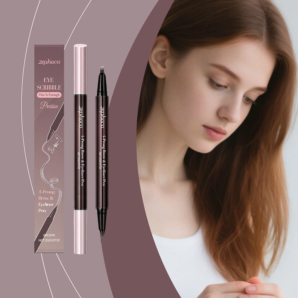 قلم حواجب 4 Fork Microblading، قلم حواجب 2 في 1 مقاوم للماء، مكياج حواجب طبيعي يدوم طويلاً #1