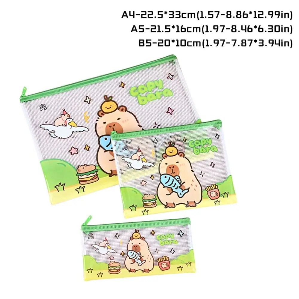 3PCS High Quality PVC Mesh File Bag Capybara A4/A5/A6 Zipper Pen Bag Waterproof Large Capacity Grid Storage Bag