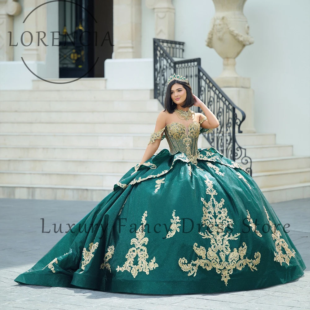 

Exquisite Glitter Quinceanera Dresses Off Shoulder Applique Ball Gowns with Corset Birthday Party Customized abiti da cerimonia
