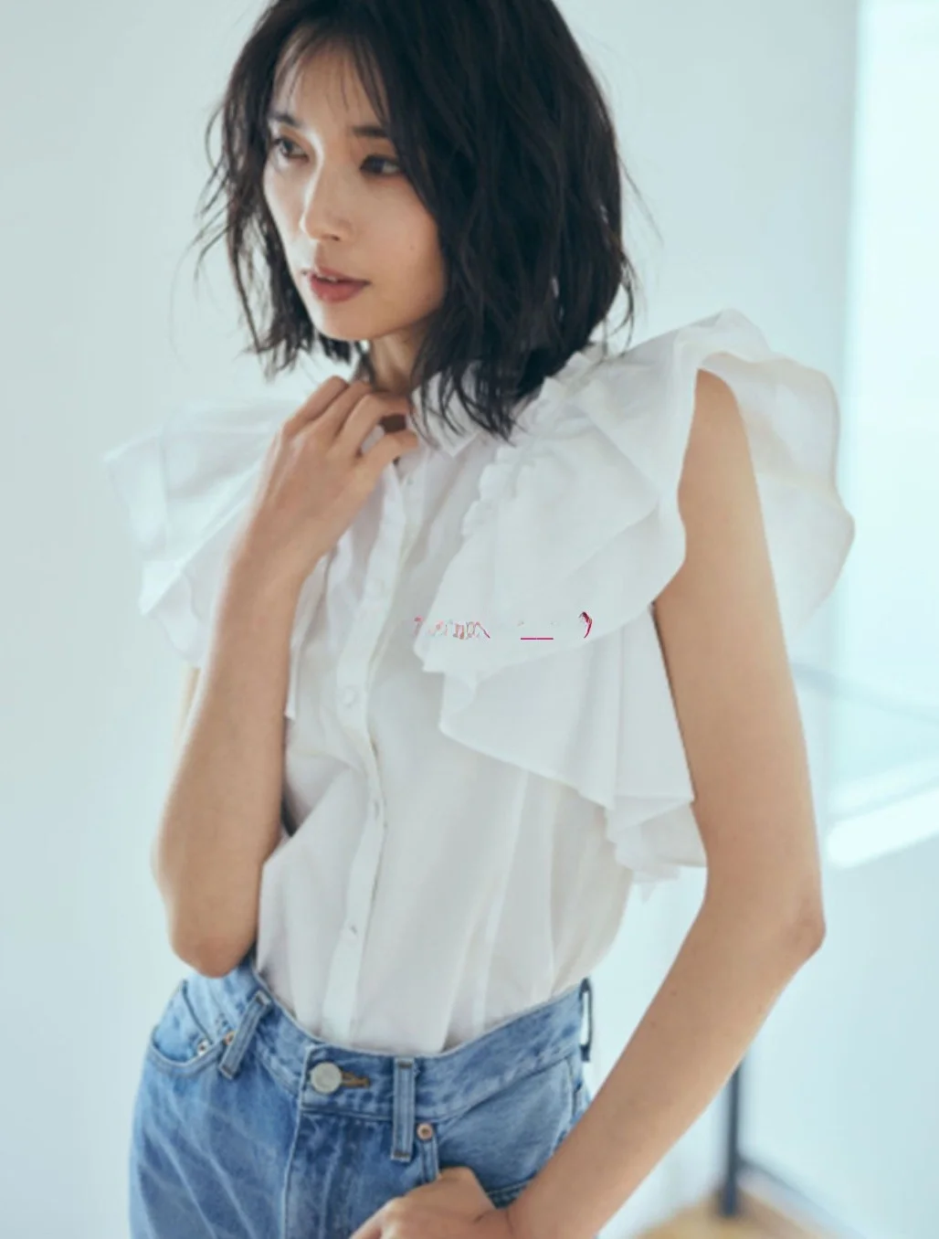 

Sweet Style Cotton Shirt with Lace Sleeves And Bow Tie Multi Layer Wooden Knot 2 Way Women's Fashion Top